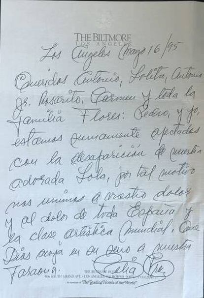 Carta de pésame de Celia Cruz a la familia Flores por la muerte de Lola Flores, el 16 de mayo de 1995.
