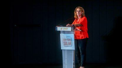 La vicepresidenta tercera, Teresa Ribera, durante su intervención en el VIII Foro Solar.