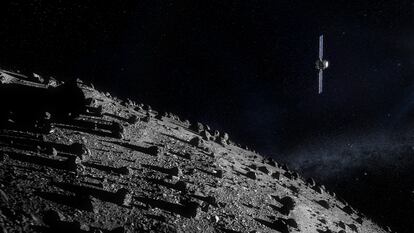 Representación artística de 'Hera' aproximándose al asteroide Dimorfo.