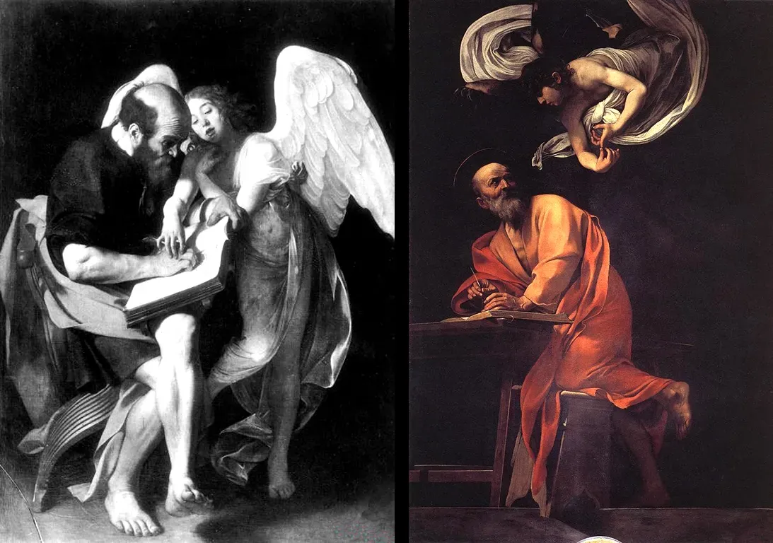 'San Mateo y el ángel' (1602), de Caravaggio. La primera versión (izquierda) fue rechazada por el cliente. Posteriormente, fue destruida en un bombardeo sobre Berlín. 