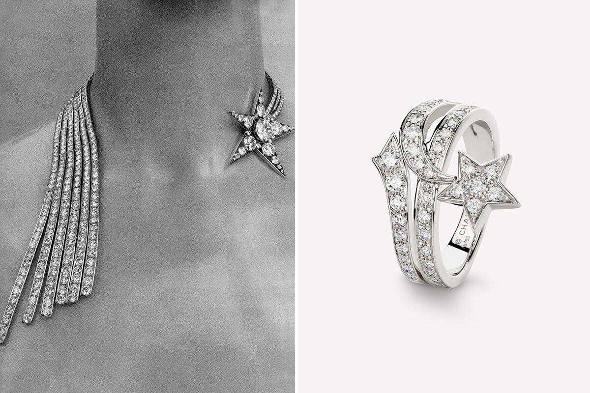 A la izquierda, collar de ‘Bijoux de Diamants’. A la derecha, anillo Comète de la colección primavera-verano 2017 de Chanel.