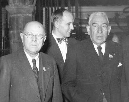 Pau Casals, 1950 a la esquerra, quan l&#039;exili va volver impulsar la seva figura pol&iacute;tica.
