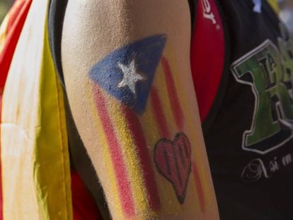 Un manifestante con una &#039;estelada&#039; pintada en el brazo durante la pasada Diada de Catalu&ntilde;a. 