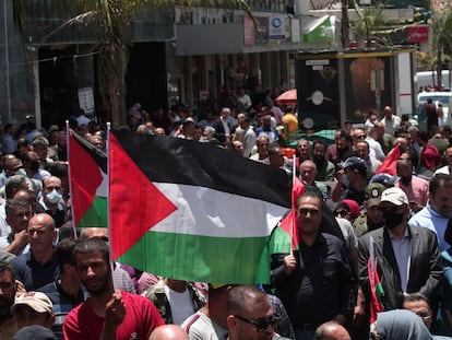 Banderas palestinas durante una manifestación contra la anexión israelí en Jericó.