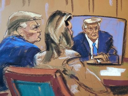 Donald Trump, durante la vista de este jueves del juicio por difamación en el Tribunal Federal de Manhattan (Nueva York).