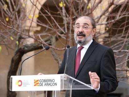 Javier Lambán, este miércoles, en el Castillo de los Calatravos de Alcañiz (Teruel).