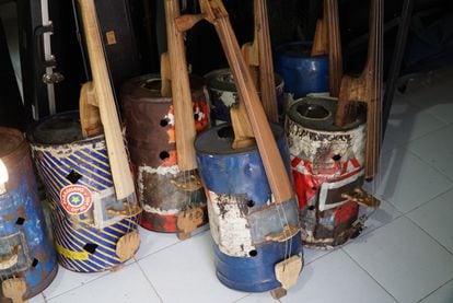 Instruments made with recycled materials at the Cateura Orchestra headquarters.
