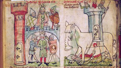 Un elefante de guerra en un 'Speculum humanae salvationis' del siglo XIV.
