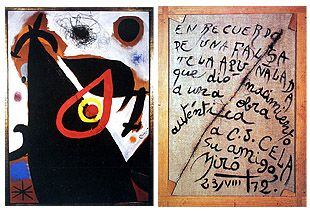 Reproducción del falso <i>miró</i> apuñalado por Camilo José Cela, con la inscripción en su reverso.
