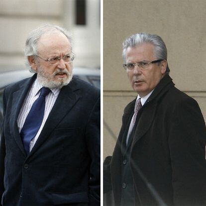 Luciano Varela, ayer a la salida del Tribunal Supremo y el juez Baltasar Garzón.