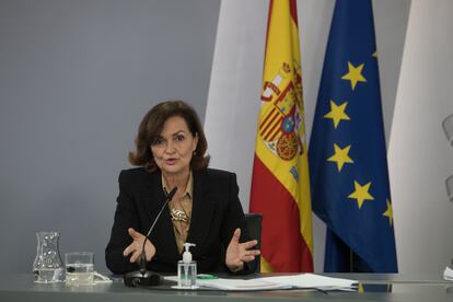 La vicepresidenta primera, Carmen Calvo, tras un Consejo de Ministros.