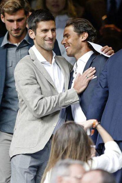 Novak Djokovic y Rafael Nadal en mayo de 2016 en el Estadio Santiago Bernabéu.