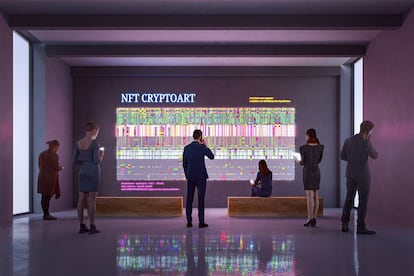 Imagen de una exhibición NFT en una galería de arte generada en 3D.  GETTY