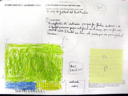 Uno de los dibujos realizados por un niño pidiendo un campo de césped artificial en Fort Pienc.