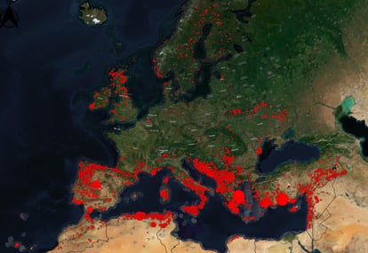 Mapa de los incendios forestales en Europa y la región Mediterránea durante 2021.