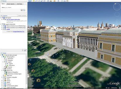 Fachada del Museo del Prado de Madrid, visto en 3D en Google Earth.