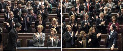 A la izquierda, Zapatero regresa al banco azul, ovacionado por los suyos, tras su intervención inicial. A la derecha, Rajoy vuelve a su escaño, aplaudido por los populares.