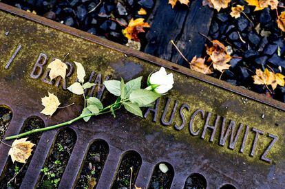 Rosas blancas depositadas en el 'Gleis 17', monumento conmemorativo del andén desde donde fueron conducidos miles judíos durante el Holocausto, en el distrito de Grunewald en Berlín (Alemania).