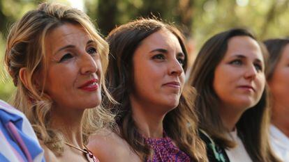 Desde la izquierda, Yolanda Díaz, Irene Montero y Ione Belarra, en un acto sobre el Día del Orgullo, en junio de 2022 en Madrid.