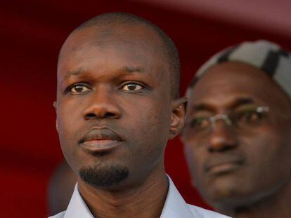 Ousmane Sonko, durante un acto de campaña de su partido en Senegal.