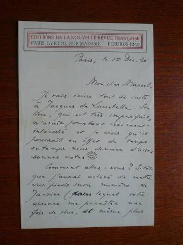 Carta de Marcel Proust a su editor y amigo Jacques Rivière.