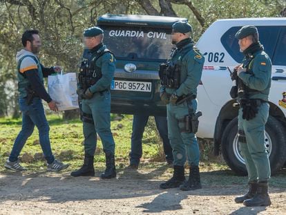 Agentes de la Guardia Civil, durante un registro realizado este viernes en Sevilla en la operación Marcaje.