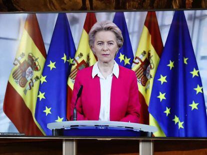 La presidenta de la Comisión Europea, Ursula von der Leyen se conecta a la Conferencia de presidentes autonómicos celebrada este lunes.