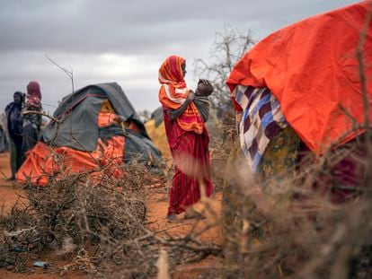 Una mujer amamanta a su hijo en un campo de desplazados a las afueras de Dollow, Somalia. La desnutrición aguda entre las embarazadas y las madres lactantes ha aumentado un 25% en los últimos dos años en 12 países, duramente golpeados por el aumento de los precios de los alimentos por la guerra en Ucrania.