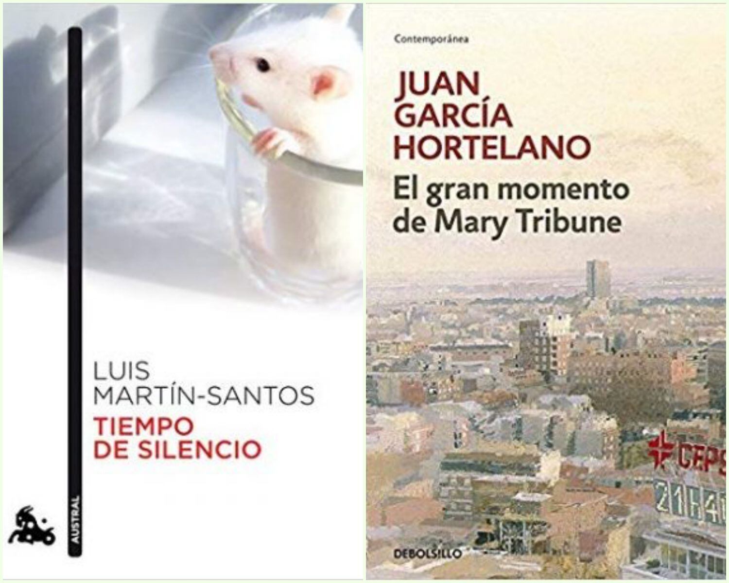 Portadas de 'Tiempo de silencio', de Luis Martín Santos (izquierda), y 'El gran momento de Mary Tribune', de Juan García Hortelano
