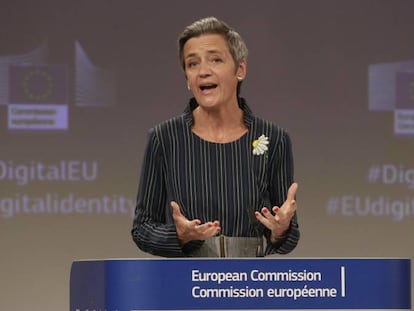 La comisaria Europea Margrethe Vestager, durante la presentación de la nueva billetera de identidad digital europea.