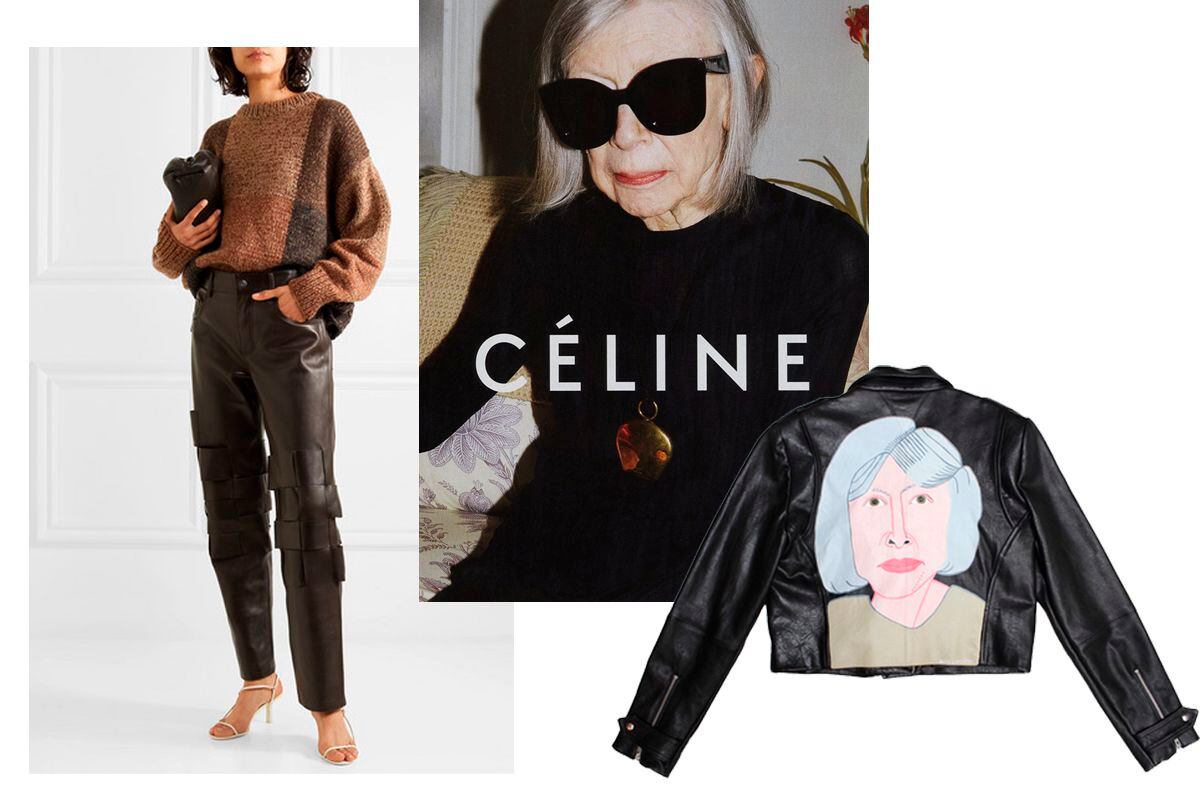 A la izquierda, el jersey de cashmere de The Row apodado como Didion. Centro, campaña protagonizada por la escritora en Céline en los tiempos de Phoebe Philo. Derecha, chaqueta de piel con su rostro en la firma Veda en su colección de 2015 (que se vendió a 1.200 dólares).