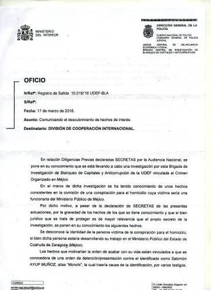 Documento de la Policía Nacional española que advierte de las intenciones de Mono Muñoz de cometer un asesinato