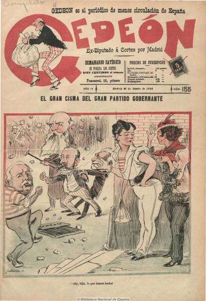 Revista satírica Gedeón, del 27 de octubre de 1898, donde aparecen dos prostitutos vestidos de mujer y políticos peleando por la crisis motivada.