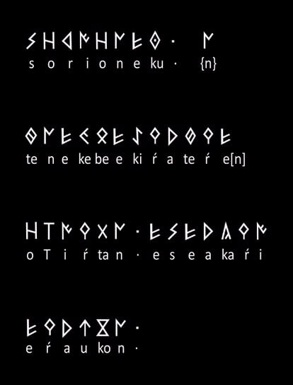 Transcripción de los signos de la Mano de Irulegi. La primera palabra es 'sorioneku', buena suerte.