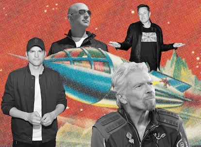 Ashton Kutcher, una de las celebridades que mostrado interés por unirse a uno de los vuelos espaciales, Jeff Bezos, Richard Branson y Elon Musk, los tres empresarios que pugnan por convertirse en embajadores de una nueva era de escapadas al espacio para todos los públicos (que puedan pagarla).