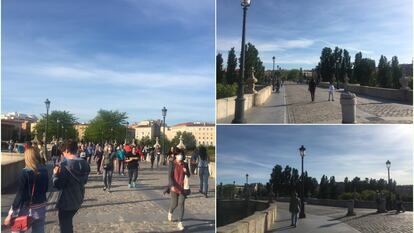 A la izquierda, primer tramo de salida de este sábado en Madrid Río reservado para paseos y deporte entre mayores de 14 años. (entre las 8 y las 10 de la mañana). Derecha superior: salidas con niños (de 12 a 19 horas). Derecha inferior: salidas de mayores de 70 años (de 19 a 20 horas).