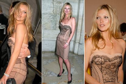 Lo que lleva Kate… después lo llevan otras. Para recoger el premio a Icono de estilo de los premios CFDA de 2005, Moss eligió un vestido-corsé palabra de honor de encaje en tonos nude de Dior Couture (en las fotos).