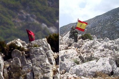 La bandera de Marruecos (izq.) y de España (dcha.) sobre Perejil en 2002