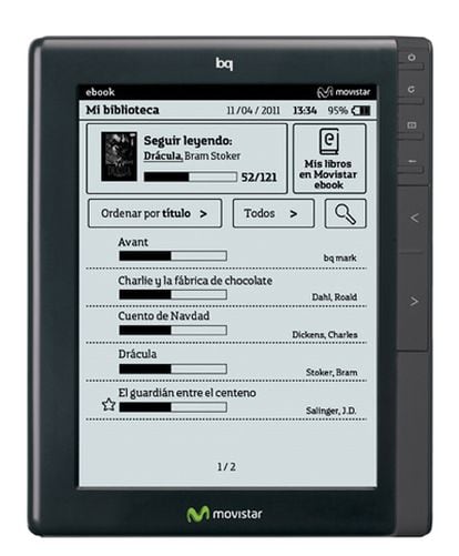 eBook bq, que vende Telefónica,  tiene una pantalla de 6 pulgadas, táctil, pesa 244 gramos, y permite leer a luz del sol y navegar por Internet. Por el momento, solo esta ñla versión wi fi, pero después del verano se lanzará también la versión 3G.