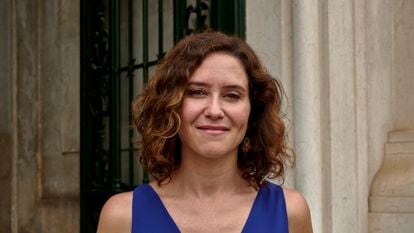 Isabel Díaz Ayuso, el 14 de julio ante la sede de la Comunidad de Madrid.