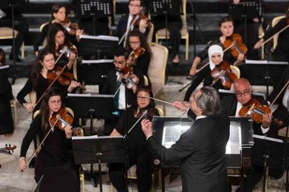 Riccardo Muti conducting the Luigi Cherubini Youth Orchestra at the South Roman Theatre, on Sunday in Gerasa, in a photo provided by the Ravenna Festival.